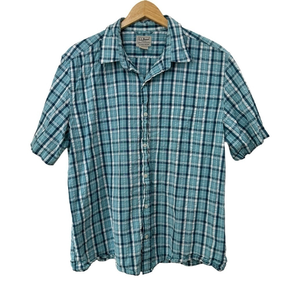 L.L. Bean Men’s Blue White Plaid Lightweight Short Sleeve, Large